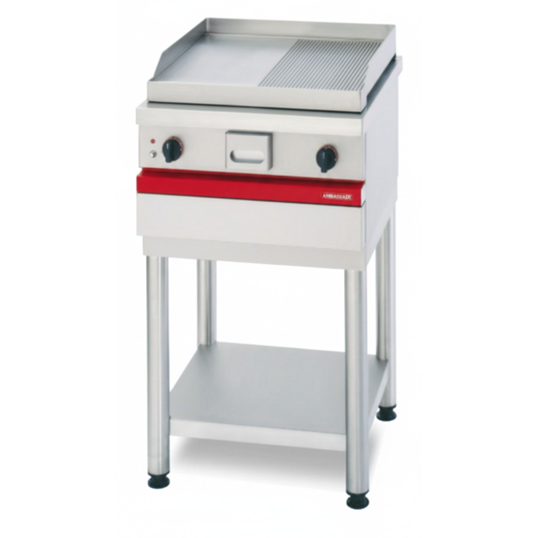 Half-ridged, half smooth steel electric grill.